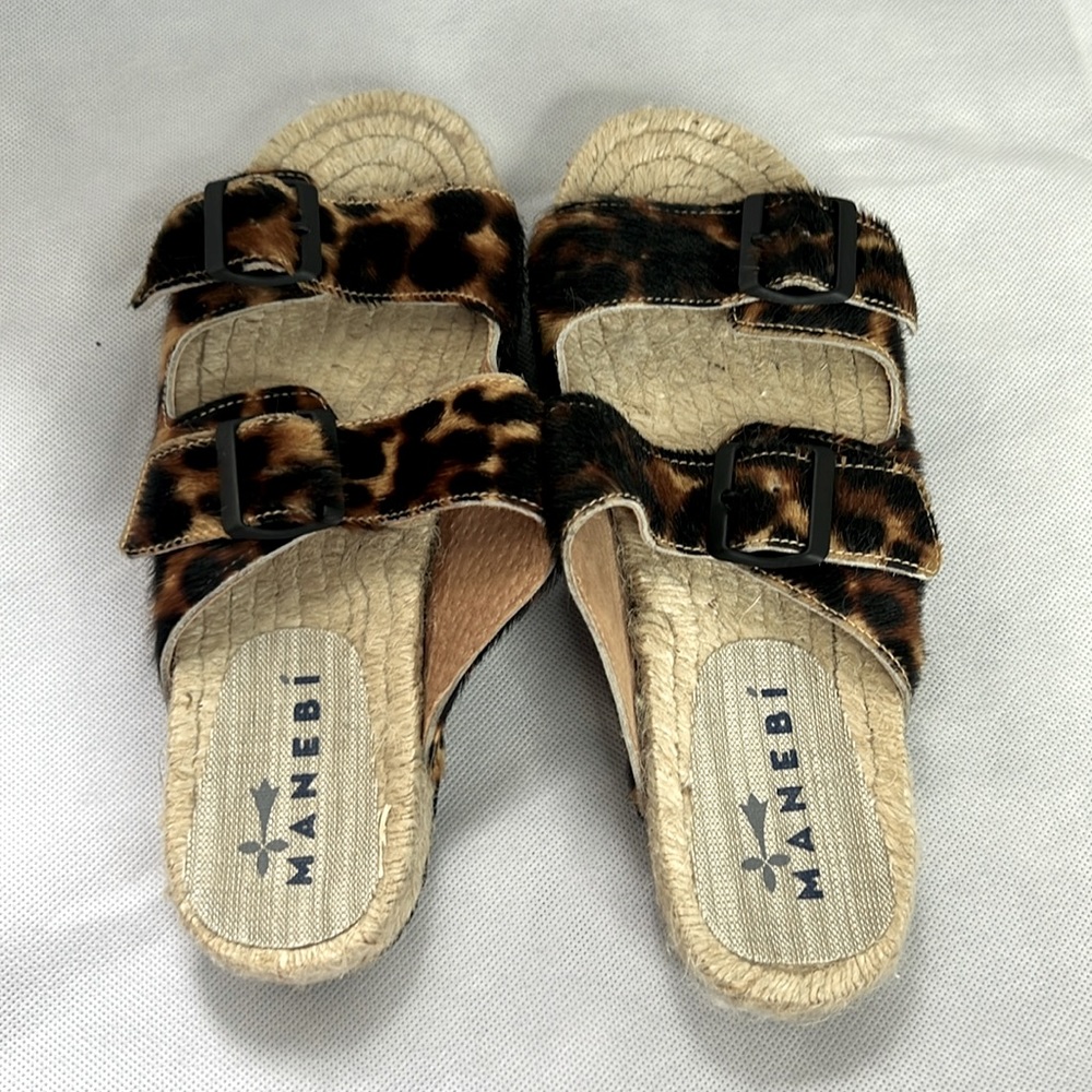 Manebi Traveler Nordic Sandal. Leopard print, size 38 (US 7)